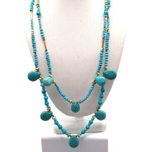 Turquoise Colored Double Strand Necklace, Dyed Howlite Teardrop Bib with Seed